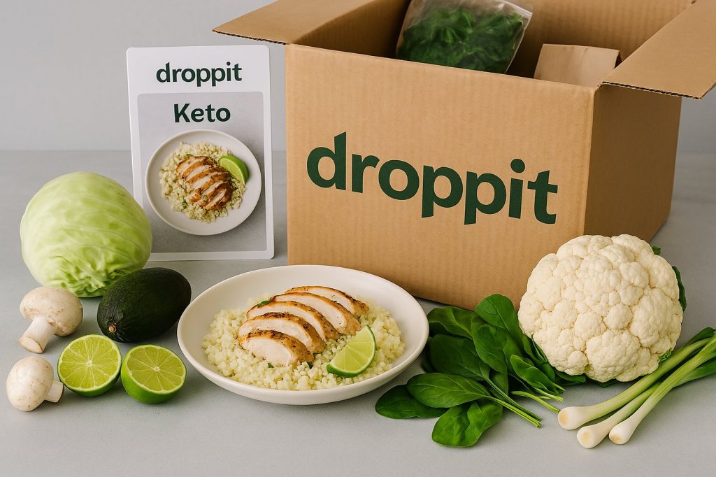 Fresh ingredients from a Droppit keto meal kit delivered in Canada