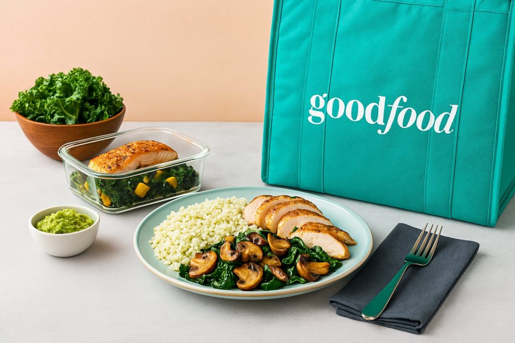 Keto meal delivery service by Goodfood featuring grilled chicken and cauliflower rice
