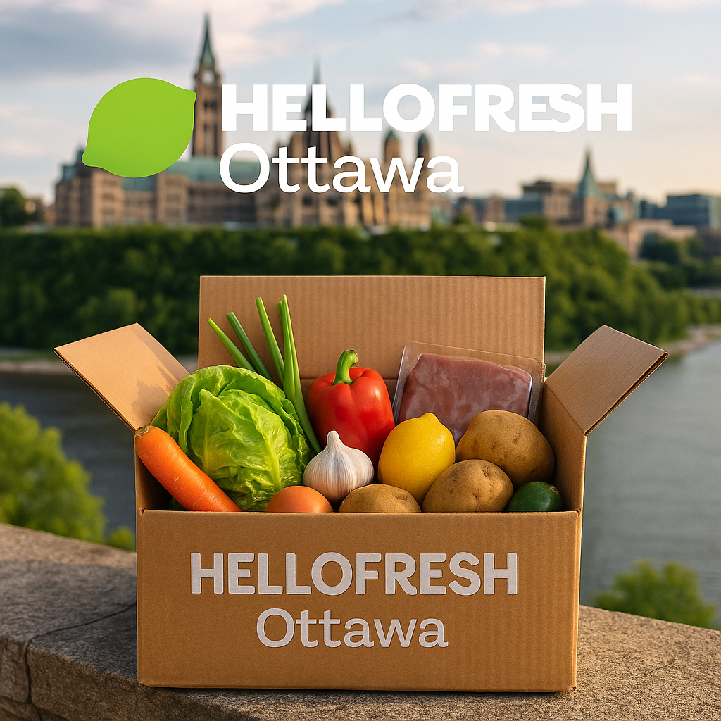 HelloFresh Ottawa delivery box with fresh produce in foreground and Parliament Hill in cityscape background