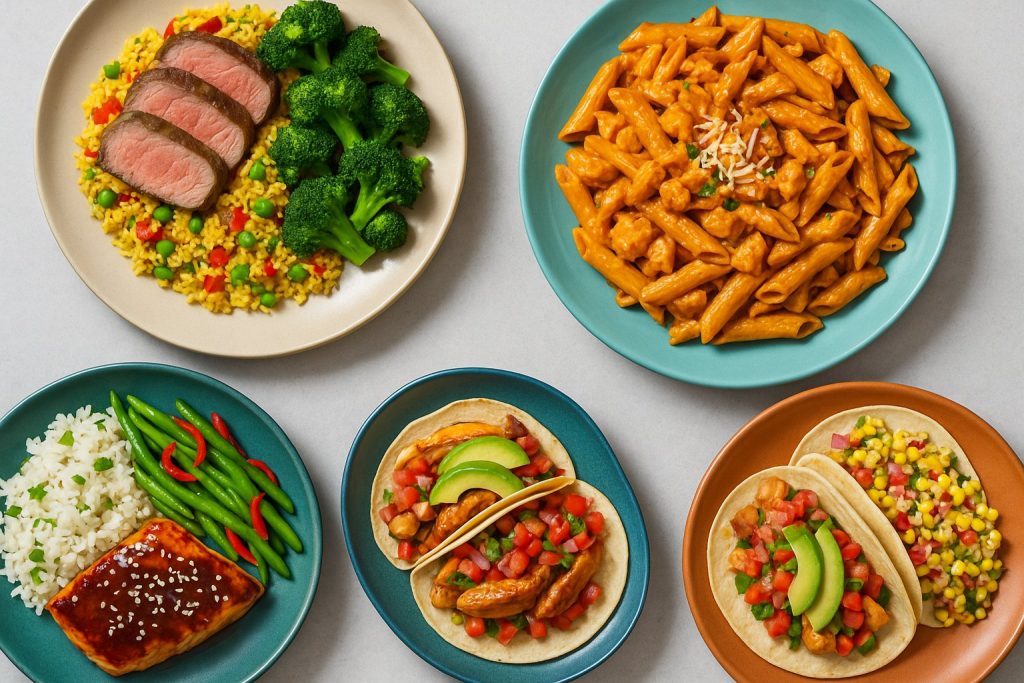 A colorful display of four plated Goodfood Canada meals, featuring dishes like steak with broccoli and rice, penne pasta with sauce, teriyaki salmon with green beans and rice, and tacos with avocado, corn salsa, and diced vegetables
