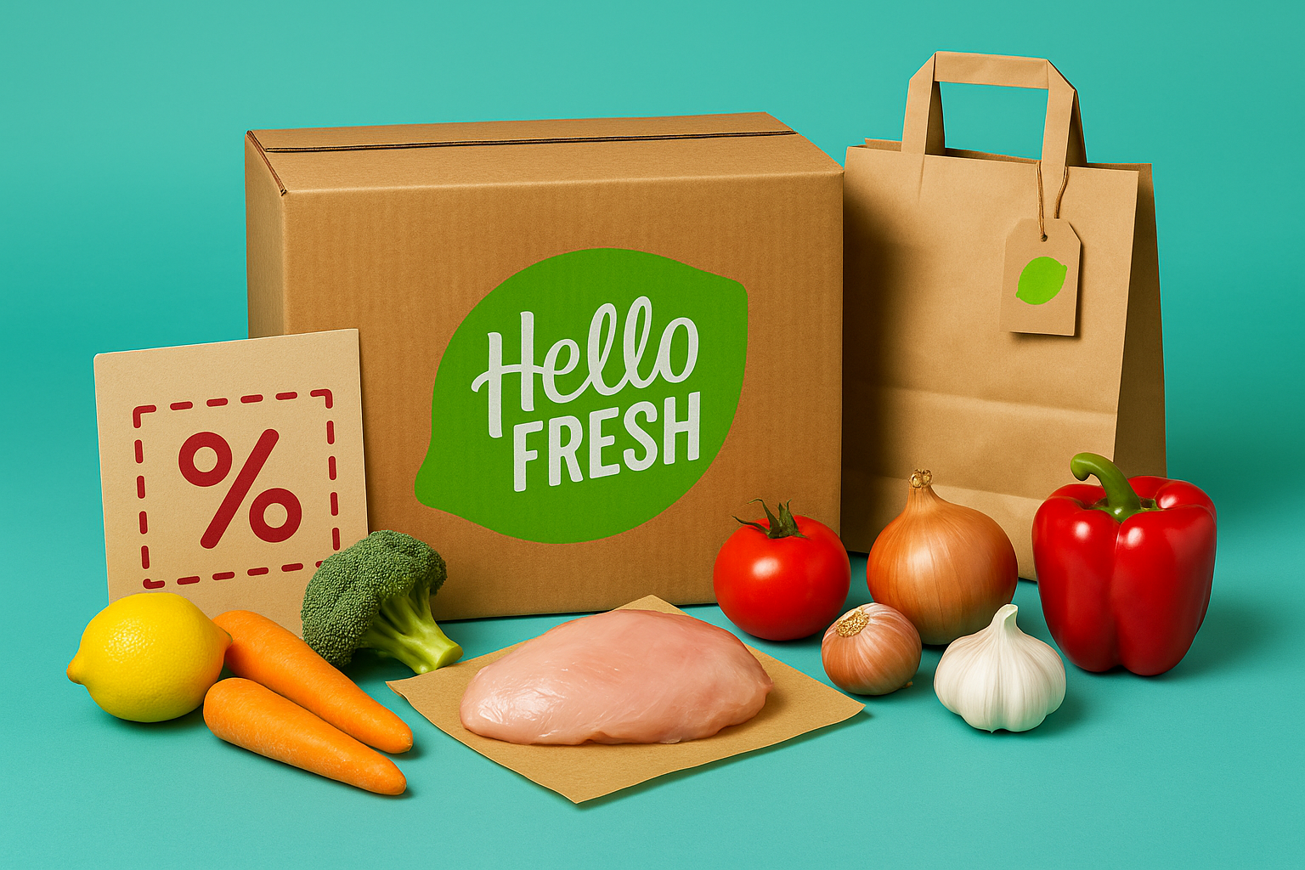 A promotional image showcasing HelloFresh promo code Canada meal kits with fresh ingredients and special discounts for 2025