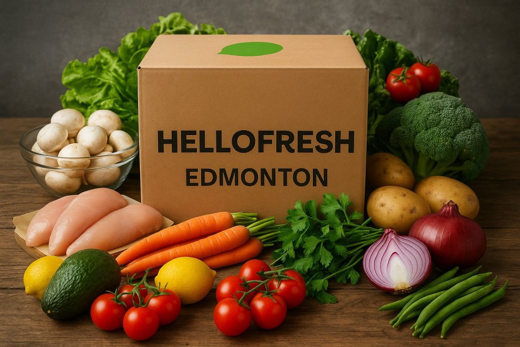 Fresh local ingredients around a HelloFresh box – HelloFresh Edmonton delivery
