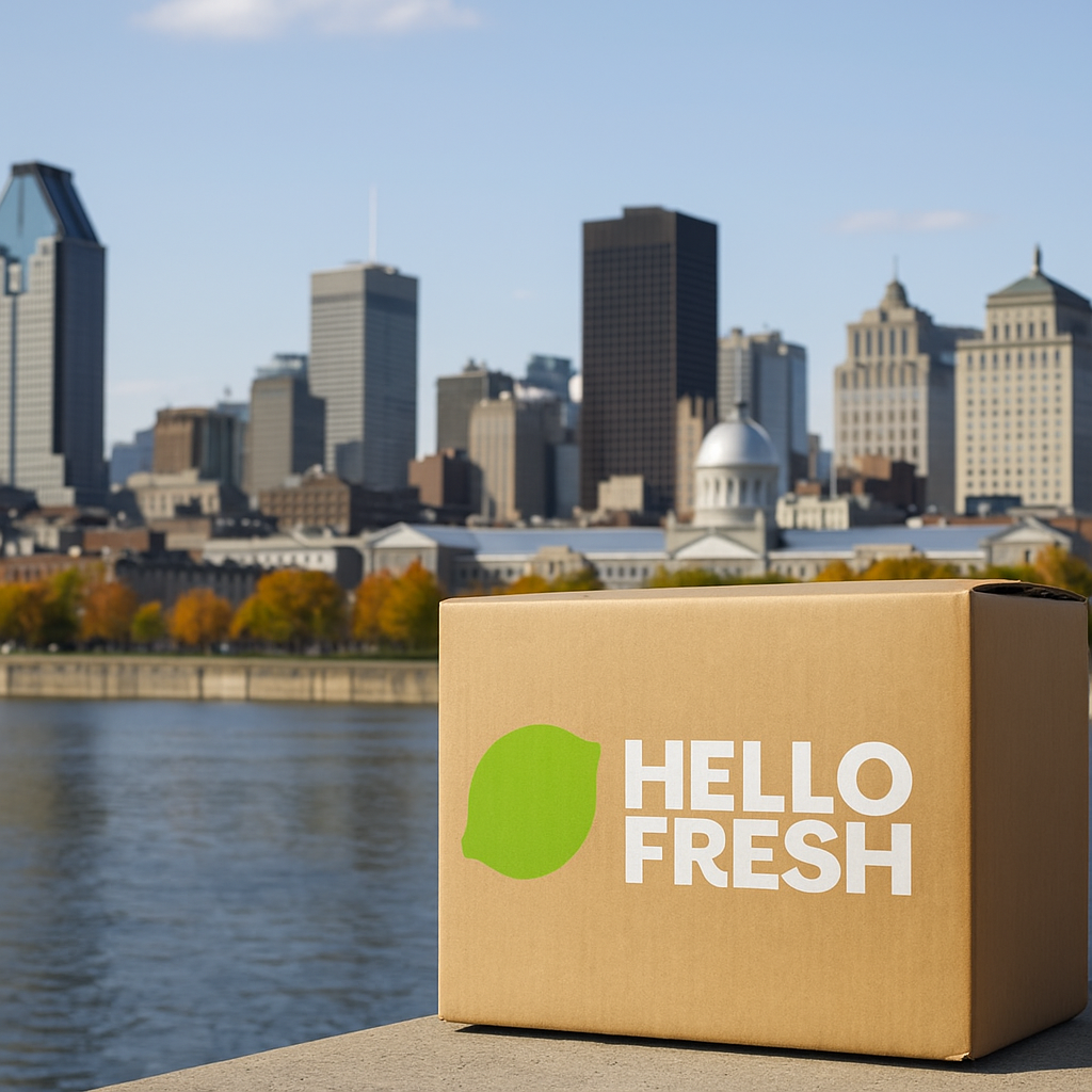 HelloFresh Montreal delivery box with city skyline in the background